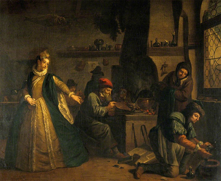 A Lady Visiting an Alchemist's Laboratory, by Jan Josef Horemans the elder (1682–1752)