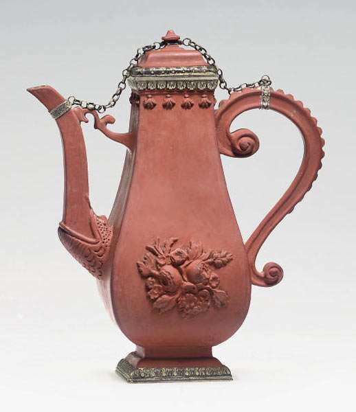A Böttger red stoneware silver-mounted baluster coffee-pot and cover, circa 1710-13