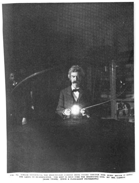 Mark Twain in the lab of Nikola Tesla, spring of 1894.