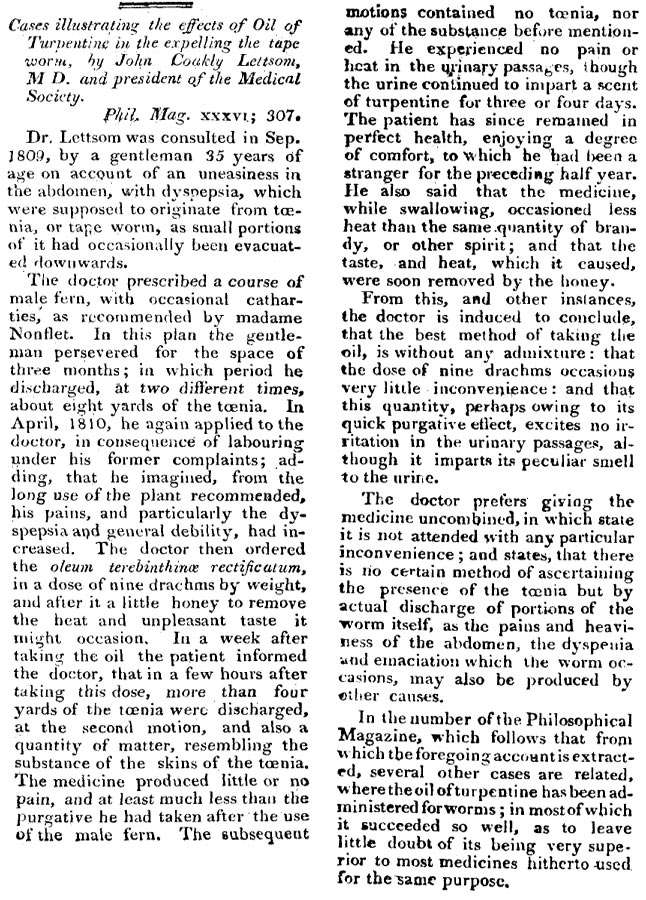 Cases Illustrating the Effects of Oil of Turpentine in the Expelling the Tapeworm