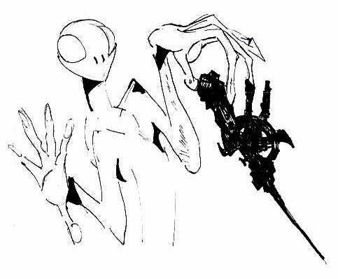 Drawing by Jim G. of praying mantis being Drawing by Jim G. of cloaked being 