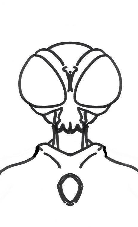 Pencil drawing by Jim showing details of facial features of Mantis Fly-Head type alien he encountered on January 16, 2004.