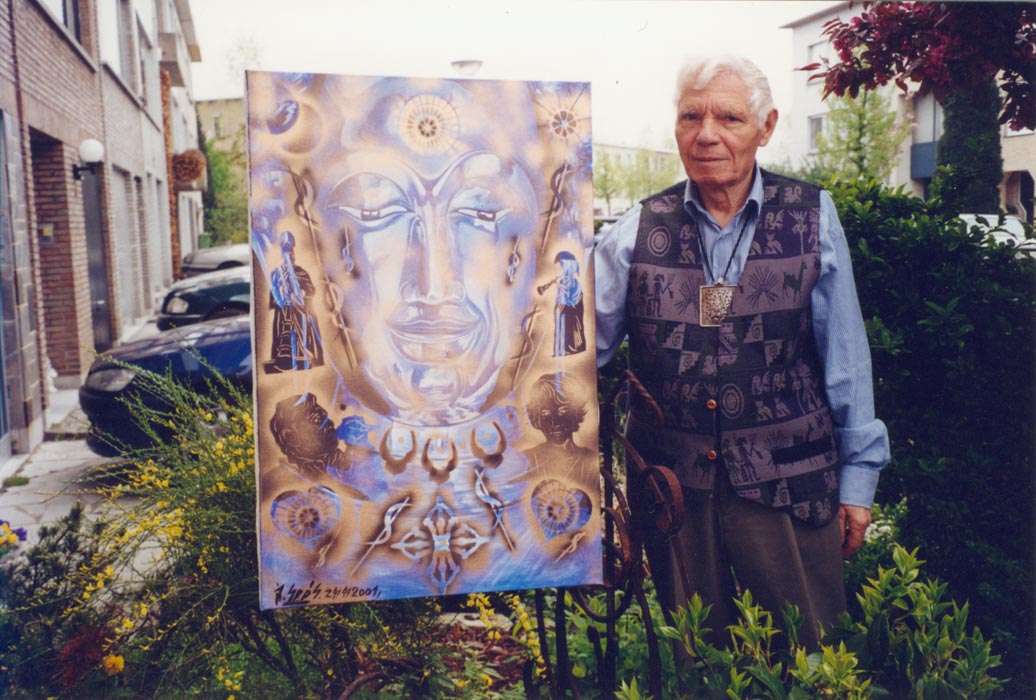Joska Holding his Painting, Titled  Buddha, 2001